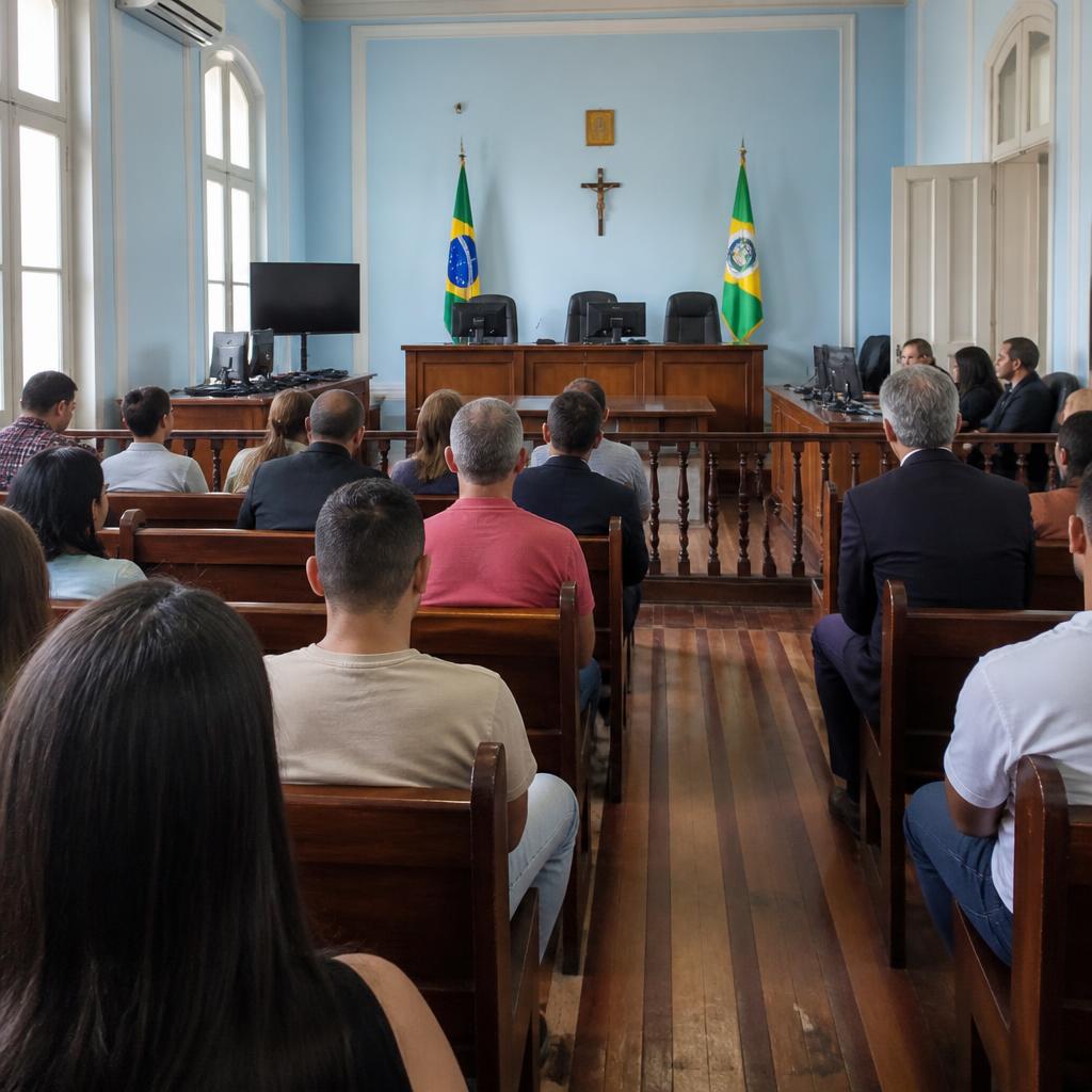 Bancos vazios de uma sala de audiências